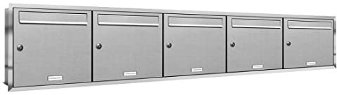AL Briefkastensysteme, 5er Unterputzbriefkasten, Briefkasten rostfrei, 5 Fach Briefkastenanlage modern, Edelstahl Postkasten