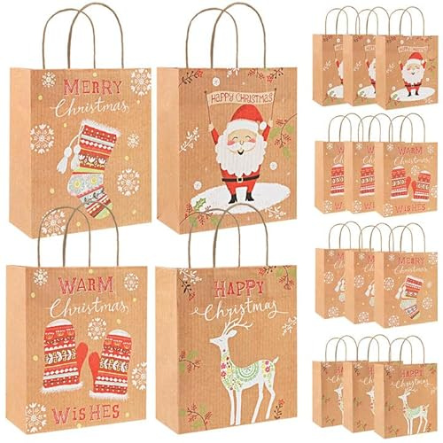 GWHOLE Sac Cadeau Noel Emballage Cadeau Noel Pochette Cadeau en Papier Kraft avec Poignée pour Cadeaux Nourriture Rangement Brun Blanc Rouge