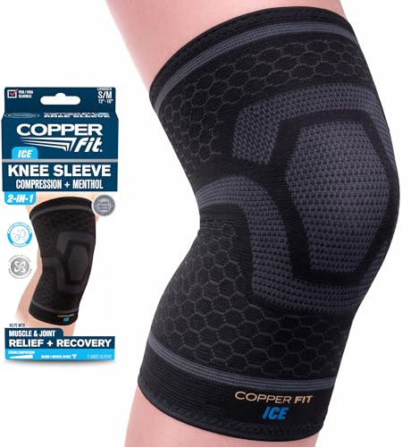 Copper Fit unisex adult ICE Sleeve, S/M Knit Compression Knee Sleeve Infused with Menthol and CoQ10 for Maximum Recovery, Black, Small /Medium US (12-16)