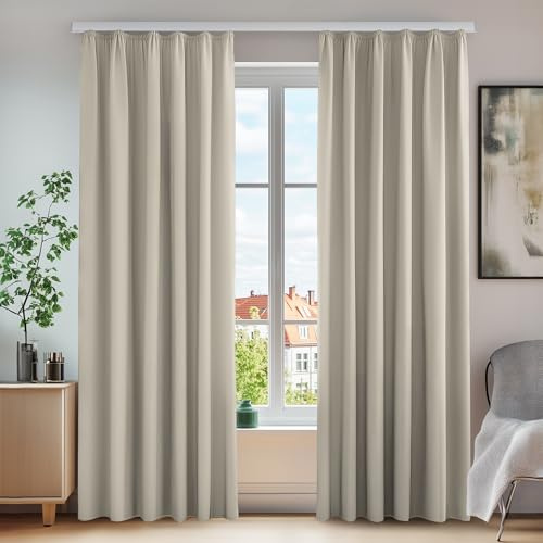 Deconovo Gardinen mit Kräuselband Thermovorhang Hitzeschutz UV-Schutz Creme | 2er Set, H 260 x B 140 cm, Verdunklungsvorhänge, Wärmeisolierende Curtain, für Schlafzimmer, Sichtschutz, Wärmehaltung