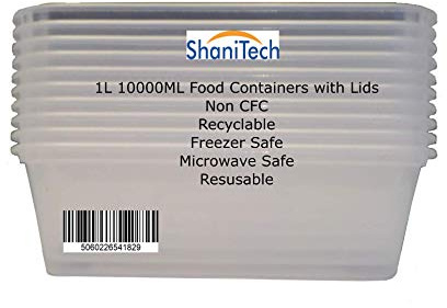 ShaniTech Lot de 10 boîtes alimentaires en plastique avec couvercles, résistantes au micro-ondes et au congélateur (1000 ml, 1 litre)
