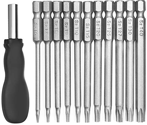 Set di punte per cacciavite a testa torx da 11pezzi,YuCool Attacco esagonale 1/4 pollici T6-T40 S2 Acciaio Kit di utensili per trapano avvitatore a prova di manomissione da 4 pollici a lunga sicurezza