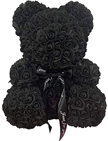 FeiWen Rosenblumenbär 10 Zoll Teddybär Künstliche Blumen Muttertag,Valentinstag, Jubiläum Mit Brautdusche Mit transparenter Geschenkbox (schwarz)