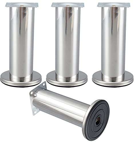 Möbelfüße Edelstahl, Belastbar bis 800 Kg, Möbelbeine Schrankfüße Sofa Füße Sockelfuß Couchtischbeine Bettfüße Ø5cm | Galvanikfläche | Gummi-Pad, 4× Möbelfüsse Silber (13.5cm/5.3)