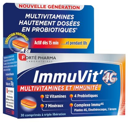 Forté Pharma - Immuvit'4G | Complément Alimentaire Vitalité et Immunité - 12 vitamines, 7 minéraux et 4 Ferments | 30 comprimés Tri-couches