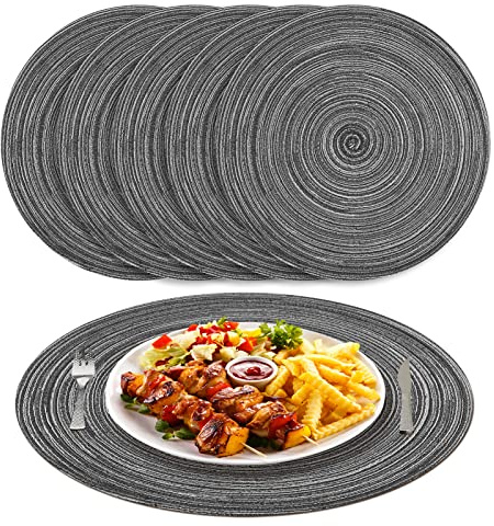 NAKIHOUSE Tischsets Abwaschbar Rund Geflochten Grau Platzsets 6er Set | 38cm Rund Platzsets Abwischbar, Rutschfest, Hitzebeständig Schmutzabweisend Platzdeckchen für Hochzeit, Restaurant, Küche