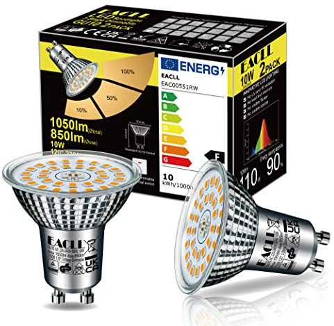 EACLL Lampadine LED GU10 10W 3 livelli Dimmerabile, Pacco da 2, Equivalenti a 110W Alogena, 850lm Bianco Caldo 2700K, Faretti 120° senza Sfarfallio, AC 230V Spot, 3 Luminosità con Funzione di Memoria