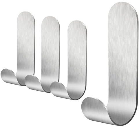 saizone 4 Stück Klebehaken Haken Selbstklebende Edelstahl Handtuchhaken ， für Küche Badezimmer Büro，Ohne Bohren Wasserfest，Silber