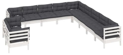 vidaXL Kiefernholz Massiv Gartenmöbel 11-TLG. mit Kissen Weiß Ecksofa Mittelsofa Sitzgruppe Sofa Lounge Garten Garnitur Gartensofa Gartenset