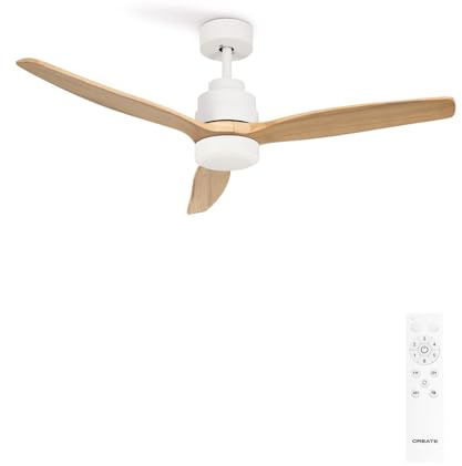 CREATE / WINDSTYLANCE NATURAL WOOD/Ventilatore da soffitto bianco pale legno naturale con telecomando / 40W, Silenzioso, Ø132 cm, 6 velocità, estate-inverno, doppia altezza, motore DC