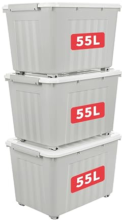 Cetomo 55L*3 Aufbewahrungsboxen, Rillen-verstärkte Kunststoffboxen mit Rollen & Deckeln, Stapelbare Aufbewahrungskiste, Ordnungsboxen für Zuhause und Büro, PP, Grau, 55L (3er Pack)