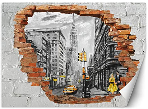 Feeby Papier Peint Intissé ville trou dans le mur 400x280 cm jaune XXL Moderne Décoration Murale Tableaux Muraux Déco Tapisserie pour Salon Chambre à coucher Bureau Empire State Building New York
