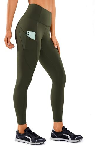 CRZ YOGA Damen Naked Feeling Sport Leggings mit Taschen High Waist Sporthose Gym Blickdicht Yogahose - 64cm Olivgrün 40
