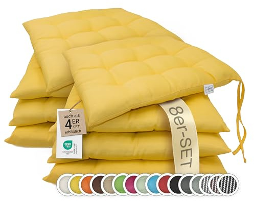 ZOLLNER 8er Set Sitzkissen in 40x40cm - gemütliche Stuhlkissen mit Bindebänder - waschbar bis 30°C - in gelb - Oeko Tex® Zertifiziert