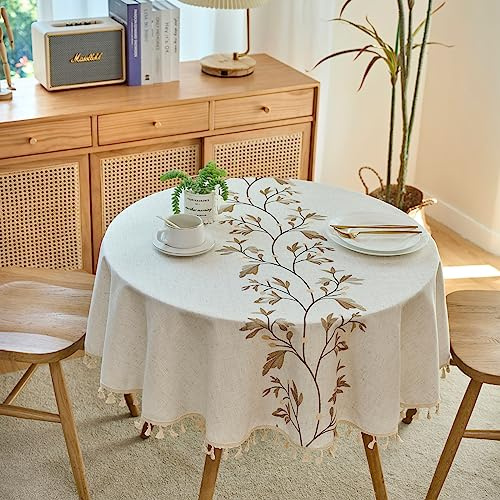 IBEQUEM Beige Runde 140 cm Tischdecke mit Bestickte Blätter