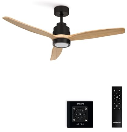 CREATE / WINDSTYLANCE NATURAL WOOD/Deckenventilator mit Beleuchtung Schwarz Naturholzflügel mit Wandschalter und Fernbedienung / 40W, Leise, Ø132 cm, Sommer-Winterbetrieb, doppelte Höhe