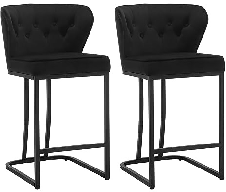 WOLTU Barstol set om 2, barstol, bistropall, klädd pall, takpall, designpall, med stor sits, ryggstöd, fotstöd, sammetsöverdrag, för bar köksö matsal, svart, BH383sz-2