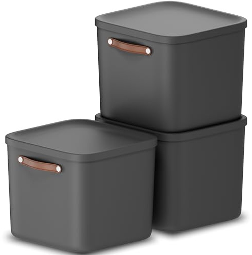 Rotho Maloja Aufbewahrungsbox mit Deckel 3er-Set 40 L Kunststoff Anthrazit | Aufbewahrungsboxen stapelbar, Boxen für Aufbewahrung, modular, 97 % recycelter Kunststoff, Griffe, bis 40 kg tragbar