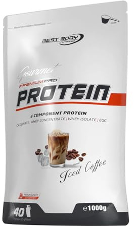 Best Body Nutrition Gourmet Premium Pro Protein Iced Coffee 1000g, 4 Komponenten Eiweißpulver mit Caseinat, Whey, Isolat, Eiprotein – Mehrkomponenten Protein, cremiger Shake | 4 Eiweißquellen aus Caseinat, Molkenkonzentrat, Isolat und Eiprotein, ohne Aspartam, Geschmack Iced Coffee