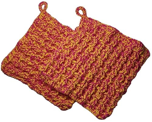 (3) Topflappen gehäkelt Waffelmuster extra dick ca. 21x21 cm in Pink und Maisgelb