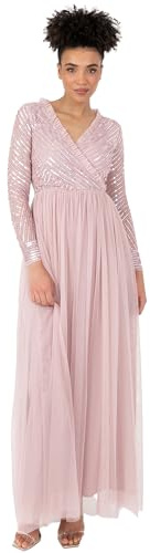 Maya Deluxe Women's Women's Maxi Dress Ladies Embellished Wrap Tulle Frilly V-Neck Long Sleeve for Wedding Guest Bridesmaid Prom Ball Gown Dress (Pack of 1)