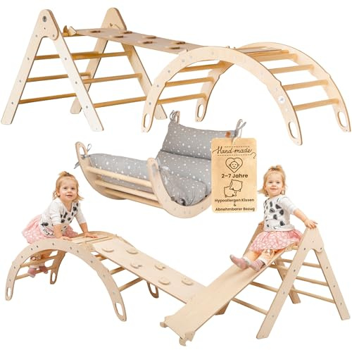 WoodsCraft 3in1 Set: Kletterdreieck, Kletterbogen & Rutsche/Kletterrampe | mit hypoallergen Kissen für Kletterbogen, holz Montessori Klettergerüst indoor, Babyrutsche, Klettern Baby & Kinder