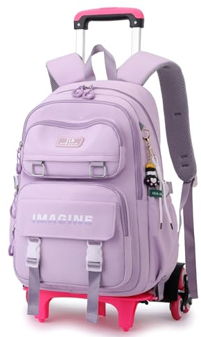 IvyH Trolley Schulrucksack für Mädchen Jungen - Wasserdichter Rucksack mit Rollen für für Kinder und Teenager im Alter von 7-14 Jahren, Lila，30L