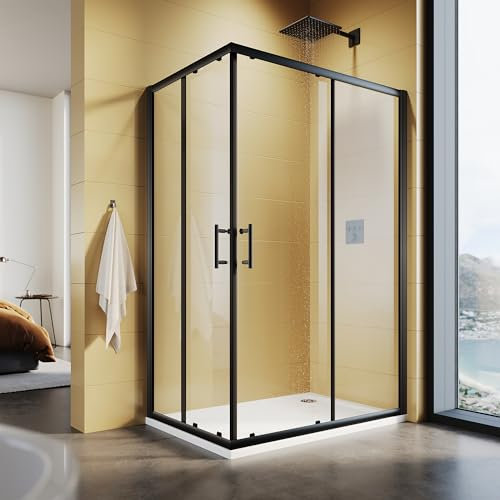 SUNXURY Cabina de ducha 90 x 120 x 195 cm, entrada esquinera con puertas correderas dobles, marco negro, 5 mm, cristal de seguridad (ESG) transparente, montaje en plato de ducha o azulejo