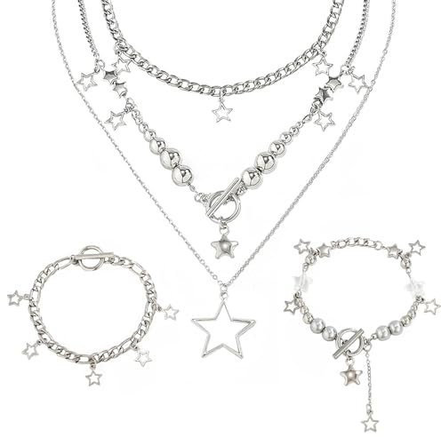 Nayyana 3 Stück silberne Stern-Halskette Y2K-Schmuckset Grunge-Halskette Kawaii niedliche Halsketten Ästhetischer Vintage-Emo-Schmuck, Weihnachts-Neujahr-Schmuckgeschenk für Frauen