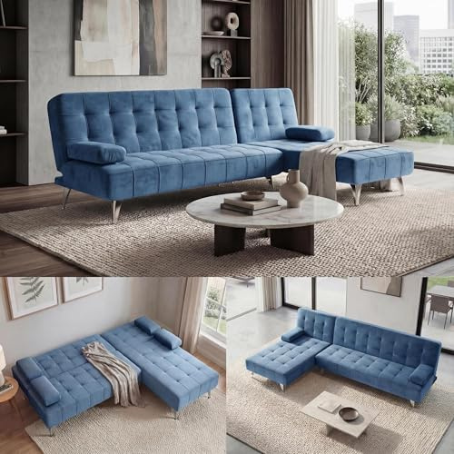 Mendler Schlafsofa HWC-K22AM 236cm - Samt blau | Couch, Ecksofa, Sofa, Liegefläche, Links/rechts, Schlaffunktion