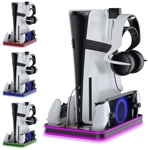 AriKroii Support PS5/Slim/PS5 Pro avec PS Portal et PS5 Controller Station de Charge, Station Ventilateur de Refroidissement à 3 Niveaux lumières RGB (Noir)