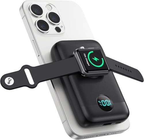 Magnetic Power bank 10800mAh,4-in-1 Wireless Portable Charger with iWatch Charger,QC4.0+20W PD Fast Charging USB C Battery Pack for Magsafe,iPhone16/15/14/13 Series,Apple Watch etc-Black