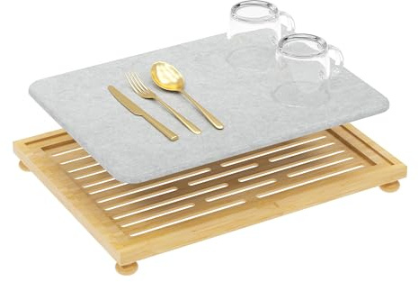 Golener Stone Drying Mat for Kitchen Counter, Dish Drying Pad with Bamboo Rack, Super Absorbent Diatomaceous Earth and Drying Rack, Multi-purpose Quick Drying Mat Rack for Kitchen, 16”x12”, Dark Grey