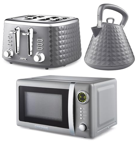 GEEPAS Electric Kettle 4 Slice Bread Toaster & Microwave Kitchen Set | 1.5L Pyramid Kettle 3000W | 4 Slice Toaster with 7 Level Browning Control, 1750W | 700W Digital Microwave 20L, Grey