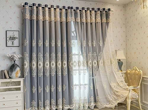 Beydodo Vorhänge Blickdicht 2er Set, Verdunklungsvorhänge Ösen 86x138CM Doppellagig Stickerei mit Blumen Motiv Vorhang Verdunkelnd Wohnzimmer Kinderzimmer, Dunkelblau
