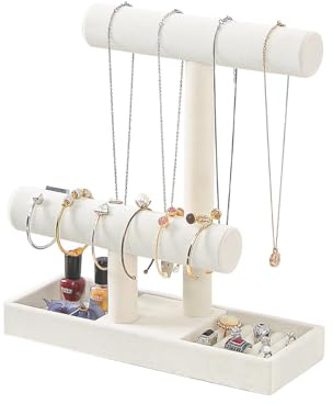 LongMen 2 Tier Necklace Bracelet Holder Organizer with Ring Tray Jewelry Display Stand，Jewelry Holder for Scrunchie Watches Detachable (Beige)