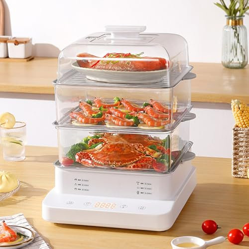 HmLotd Vaporera Eléctrica, Vaporera Eléctrica Multifuncional, Capacidad 24l, Reserva 24h con Bandeja Recogedora de Jugo Independiente con Mango Antiescaldaduras para Uso Doméstico