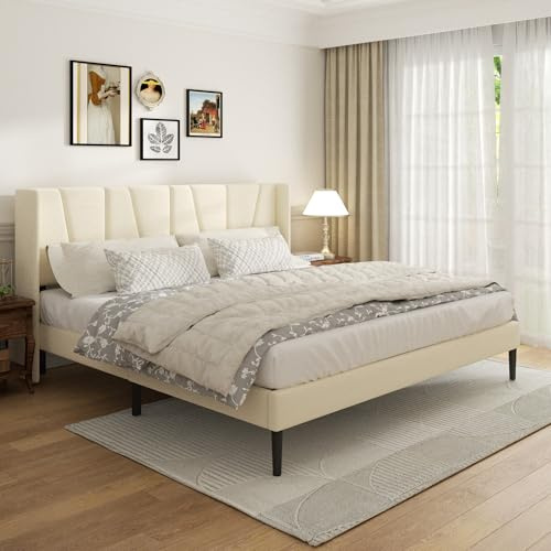 Sismplly King Bed Frame with Headboard, Velvet Upholstered King Size Platform Bed with Wingback, Mattress Foundation with Wooden Slat Support, No Box Spring Needed, Easy Assembly, Noise Free, Beige