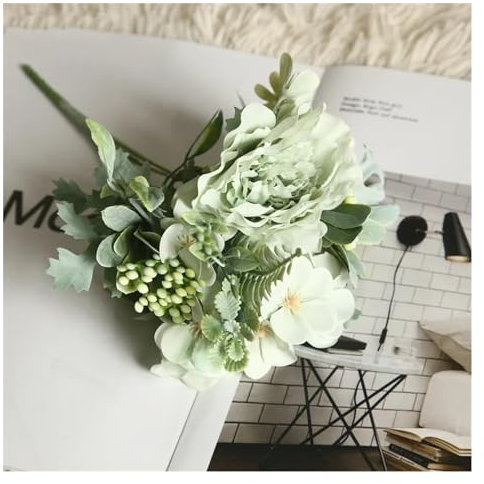 Lijiaxiuyc-101 künstlicher Blumenstrauß Simulation Blumen Kamelie Pfingstrose Rosen Hochzeit Blumen DIY Blumenstrauß Rosa Begonie Hausgarten Party Dekoration Blumenarrangements zu Hause(Green)