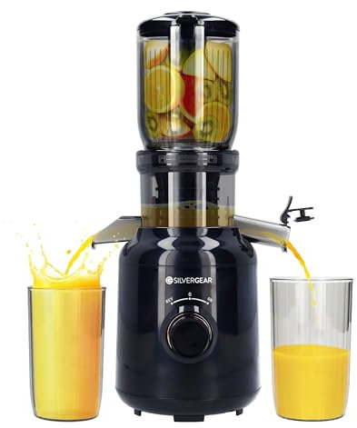 Silvergear® Licuadora | Extractor de Zumos y Verduras | Slowjuicer 250 W | Extractor 103 mm Apertura | Sin BPA | Slowjuicer Potente Motor a 60 rpm | 2x Envases de 450 ml | Negro