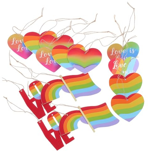OUNONA 16 Stück Regenbogen Holzanhänger mit Herzfahne Türanhänger für Pride Day Hängende Dekorationen Professionell