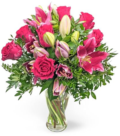 Bouquet de lys roses – Arrangement de fleurs fraîches livré à la main – Cadeau élégant avec expédition le jour suivant – Idéal pour anniversaire, condoléances, célébration ou Thanksgiving (taille L)