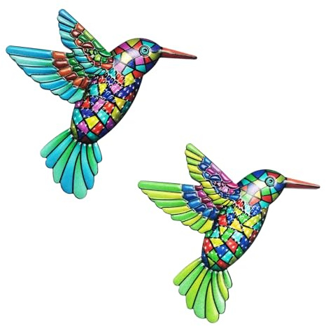 LWINGFLYER 2PCS Metal Hummingbird Wall Art Decor 3D Colorful Birds Outdoor Wall Artfor for Patio Backyard Fenced Yard Balcony Decor Garden Accent Porch Outdoor Living Spaces