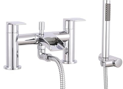 VeeBath Stream Robinet mitigeur rond cascade pour baignoire/douche – Finition chromée à double levier, robinet de salle de bain monté sur le pont – Comprend une pomme de douche ronde et un kit
