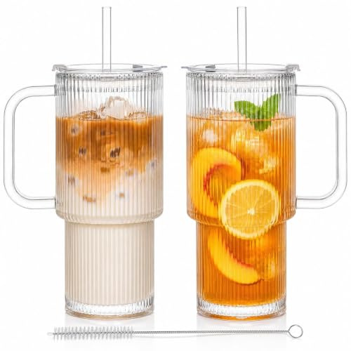ALINK 2 Stück 760ml Gläser mit Deckel und Strohhalm, Gerippte Glasbecher mit Deckel und Henkel, Dickem Glas Ideal für Eiskaffee, Matcha, Latte, Säfte und andere Getränke