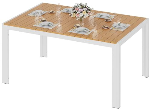 LIFERUN Grande table de jardin résistante aux intempéries, 140 x 90 x 75 cm, table en aluminium pour terrasse avec plateau en WPC, table de repas rectangulaire pour 6 personnes, stable pour jardin