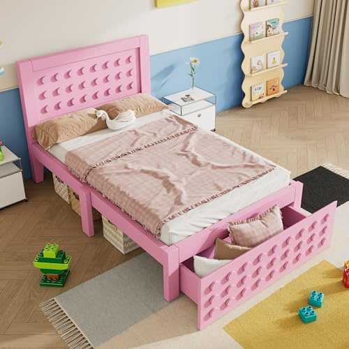 Einzelbett mit Schubladen Unterm Bett Stauraum Jugendbett Massivholz Bettgestell mit Lattenrost Familienbett für Erwachsene Jugendliche Gästebett ohne Matratze Rosa 90x200 cm