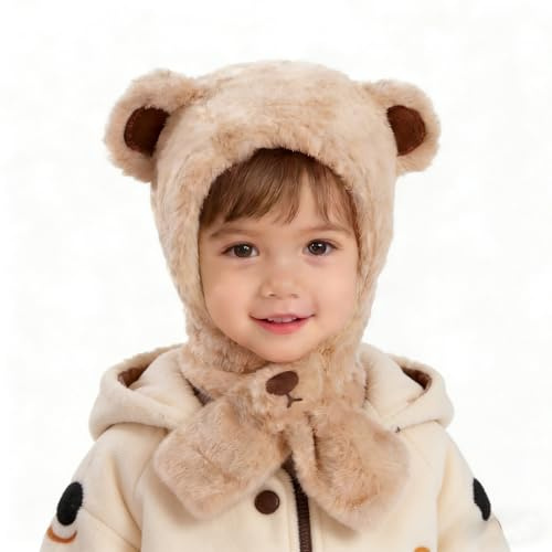 ZLLkeji Chapeau et Écharpe de Bébé d'hiver Mignon Cagoule Enfant avec Oreilles d'ours Bonnet Écharpe 2 en 1 Doublure Polaire pour Bébé Fille Garçon 0-6 Ans