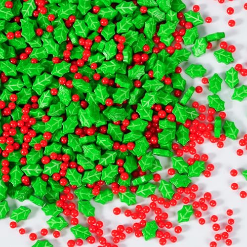 Décors Sucrés Noël 130g - Comestibles rouge & Vert avec Formes Houx et Baies - Décoration Alimentaire Pour Gâteaux, Biscuits, Cookies et Desserts Festifs