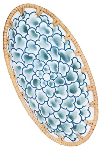 Haofy Piatto Ovale in Ceramica di Rattan Intrecciato con Porcellana Blu e Bianca per Servire Pane, Verdure, Snack per Feste di Matrimonio, Banchetti, Riunioni Festive (Piattino in porcellana